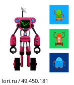 Pink robot machine on two black wheels vector card, illustration with three droids in colorful squares, robot with dark display and round antenna. Pink Robot Machine on Two Black Wheels Vector Card. Стоковая иллюстрация, агентство Ingram Publishing / Фотобанк Лори