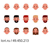 Male heads with various hairstyles and mood set. Faces that express happiness and frustration with modern haircuts isolated vector illustrations.. Male Heads with Various Hairstyles and Mood Set. Стоковая иллюстрация, агентство Ingram Publishing / Фотобанк Лори