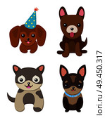 Dogs and puppies collection, poster with pets, of different breeds, pug and basset hound, labrador and chihuahua, dachshund dog on vector illustration. Dogs and Puppies Set Poster Vector Illustration. Стоковая иллюстрация, агентство Ingram Publishing / Фотобанк Лори