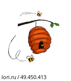 Bees flying into hive hanging on tree branch vector illustration isolated on white. Home for insects where honey is produced, bee in cartoon style design. Bees Flying In Hive Hanging on Tree Branch Vector. Стоковая иллюстрация, агентство Ingram Publishing / Фотобанк Лори