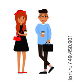 Drinking coffee man woman, vector illustration casual style people, cheerful teens holding handbags and cups with hot drinks isolated on white. Drinking Coffee Man and Woman, Vector Illustration. Стоковая иллюстрация, агентство Ingram Publishing / Фотобанк Лори
