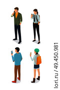 Adult men and women speaking on telephone, communication by smartphone vector isolated on white. Students or college cartoon characters, stylish guys. Adult Men and Women Speaking on Telephone Vector. Стоковая иллюстрация, агентство Ingram Publishing / Фотобанк Лори