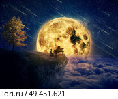 Night scene with a boy, musician standing at the edge of a cliff chasm with his piano. Waiting for music inspiration in the center of nature, over a full moon night background. Стоковое фото, агентство Ingram Publishing / Фотобанк Лори