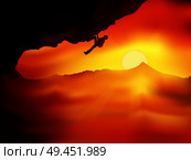 Silhouette of climber without insurance going up on a cliff against beautiful orange sunset above the clouds. Vector illustration, concept of motion motivation inspiration. Стоковая иллюстрация, агентство Ingram Publishing / Фотобанк Лори