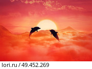 Silhouette of two playful dolphins jumping above the clouds against sunset background. Surreal wild life landscape scene screen saver. Стоковое фото, агентство Ingram Publishing / Фотобанк Лори