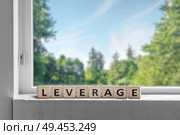 Leverage word in a window with a view to a green garden with trees. Стоковое фото, агентство Ingram Publishing / Фотобанк Лори