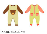 Baby clothes rompers set, collection of stretchie with print of teddy bear and pockets, child clothing with long sleeves isolated on vector illustration. Baby Clothes Rompers Set, Vector Illustration. Стоковая иллюстрация, агентство Ingram Publishing / Фотобанк Лори