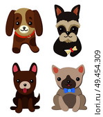 Dogs and puppies collection, poster with pets, of different breeds, pug and basset hound, labrador and chihuahua, dachshund dog on vector illustration. Dogs and Puppies Set Poster Vector Illustration. Стоковая иллюстрация, агентство Ingram Publishing / Фотобанк Лори