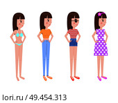 Young girl in summer clothes stands in profile set. Blue bikini, tshirts with jeans and denim shorts and vintage polkadot dress vector illustrations.. Young Girl in Summer Clothes Stands in Profile Set. Стоковая иллюстрация, агентство Ingram Publishing / Фотобанк Лори
