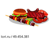 BBQ food exposition big burger and savory steaks isolated on white backdrop, fried sausages with grid stripes, skewer with barbecue and vegetables. BBQ Food exposition, Big Burger and Savory Steaks. Стоковая иллюстрация, агентство Ingram Publishing / Фотобанк Лори