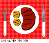 Steak and vegetables barbecue, tablecloth of symbolic color and squared print, beef on plate with fork and knife picnic isolated on vector illustration. Steak and Vegetables Picnic Vector Illustration. Стоковая иллюстрация, агентство Ingram Publishing / Фотобанк Лори