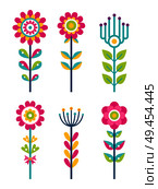 Wild field flowers in colorful ornamental design set. Unusual florets of bright pieces. Plant with blossom on long stem isolated vector illustrations. Wild Field Flowers in Colorful Ornamental Design. Стоковая иллюстрация, агентство Ingram Publishing / Фотобанк Лори