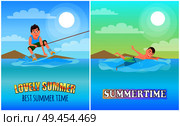 Best lovely summertime, color vector illustration, sunny day, happy swimmer, wakeboarding sport training time marine water waves with bubbles vector. Best Lovely Summer Time, Color Vector Illustration. Стоковая иллюстрация, агентство Ingram Publishing / Фотобанк Лори