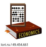 Economics book and abacus with grey wooden frame and movable black-and-white beads isolated vector, accounting and marketing concepts. Economics Book and Abacus with Grey Wooden Frame. Стоковая иллюстрация, агентство Ingram Publishing / Фотобанк Лори