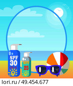 Poster showing sea coast. Vector illustration depicting different sunscreen lotions, purple glasses and colourful beach ball lying on sand. Poster of Beach and Things Often Taken There. Стоковая иллюстрация, агентство Ingram Publishing / Фотобанк Лори
