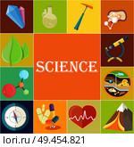 Science poster with chemical, geology and medicine appliances, natural minerals, high mountain, green leaves and Earth deposits vector illustrations. Science Poster with Illustrations in Square Cells. Стоковая иллюстрация, агентство Ingram Publishing / Фотобанк Лори
