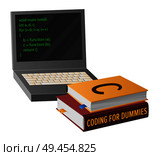 Open laptop with program code on screen and pile of textbooks on informatics isolated cartoon vector illustration on white background.. Open Laptop and Books for Program Code Creation. Стоковая иллюстрация, агентство Ingram Publishing / Фотобанк Лори