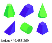 Different shape geometric figures collection vector illustration isolated on white background cone, blunted pyramids, cylinder and triangular 3d shapes. Different Shape Color Geometric Figures Collection. Стоковая иллюстрация, агентство Ingram Publishing / Фотобанк Лори