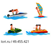 Sea and water activities of summer boating and windsurfing, banana boat and jet skiing, set of sport activity vector illustration isolated on white. Sea Water Activities of Summer Vector Illustration. Стоковая иллюстрация, агентство Ingram Publishing / Фотобанк Лори