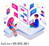Teenagers chat Internet through modern gadgets. Girl and boy text in messenger with laptop or smartphone. Teens chating online vector illustration.. Teenagers Chat in Internet Through Modern Gadgets. Стоковая иллюстрация, агентство Ingram Publishing / Фотобанк Лори