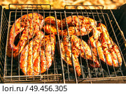 Grilling salmon steak with ginger marinade in wire rack over barbecue. Top view grilled salmon on flaming braai. . Стоковое фото, агентство Ingram Publishing / Фотобанк Лори