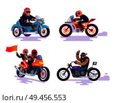 Bikers ride on modern motorbikes, collection of motorized bike racers men and woman isolated on white background, people on moped sportbikes vector. Bikers Ride Modern Motorbikes, Set Motorized Bikes. Стоковая иллюстрация, агентство Ingram Publishing / Фотобанк Лори