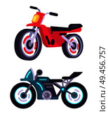 Modern sportive motorbikes in red and blue corpuses. Fast dangerous extrime vehicle. Maneuver transport that can gain high speed vector illustrations.. Modern Sportive Motorbikes in Red and Blue Corpuses. Стоковая иллюстрация, агентство Ingram Publishing / Фотобанк Лори