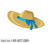 Classical woman hat with brim and blue silk bow vector illustration icon isolated on white, headdress cap in retro style, headwear item cartoon design. Classical Woman Hat with Brim and Blue Silk Bow. Стоковая иллюстрация, агентство Ingram Publishing / Фотобанк Лори