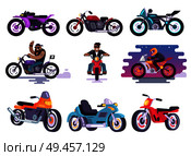 Modern sport bikes and bikers in leather jackets. Brutal strong men on extreme transport that gains high speed fast isolated vector illustrations.. Modern Sport Bikes and Bikers in Leather Jackets. Стоковая иллюстрация, агентство Ingram Publishing / Фотобанк Лори