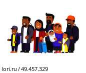Travelers in good mood set, people standing with personal belongings looking in distance, waiting for their turn, muslims group vector illustration. Travelers in Good Mood Set Vector Illustration. Стоковая иллюстрация, агентство Ingram Publishing / Фотобанк Лори