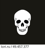 Skull of human organism with teeth, holes eyes and nose, bones types, skeletal system body, head vector illustration isolated on black background. Skull of Human Organism Black Vector Illustration. Стоковая иллюстрация, агентство Ingram Publishing / Фотобанк Лори