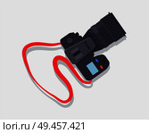Camera icon with red strap, professional device for making photos and capturing some memories, digital era equipment isolated on vector illustration. Camera Icon with Red Strap Vector Illustration. Стоковая иллюстрация, агентство Ingram Publishing / Фотобанк Лори