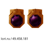 Golden earrings with treasure stones color pattern, vector illustration of stylish female accessory isolated on white background, shiny lilac diamond. Golden Earrings with Treasure Stones Color Pattern. Стоковая иллюстрация, агентство Ingram Publishing / Фотобанк Лори