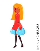 Blonde woman with shopping bags, vector illustration of girl shopaholic and disposable packs side view, consumer successful shopper isolated on white.. Blonde Woman with Shopping Bag Vector Illustration. Стоковая иллюстрация, агентство Ingram Publishing / Фотобанк Лори
