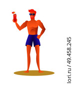 Athletic sexy sportsman having fun at summer. Sportive male wears sunglasses, refreshing cocktail cartoon vector illustration, fit man in shorts.. Athletic Sexy Sportsman in Summer Cloth Having Fun. Стоковая иллюстрация, агентство Ingram Publishing / Фотобанк Лори
