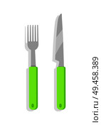 Kitchenware colorful banner, vector illustration, utensil with round green handles, knife and fork, modern cutlery set, eating tools, silver dishware.. Kitchenware Colorful Banner, Vector Illustration. Стоковая иллюстрация, агентство Ingram Publishing / Фотобанк Лори