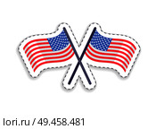 Two crossed Flags of United States, patch of patriotic symbols of freedom and glory vector illustration isolated on white, democratic signs closeup icons. Two Crossed Flags of United States Patch Patriotic. Стоковая иллюстрация, агентство Ingram Publishing / Фотобанк Лори