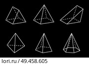 Pyramids and prisms collection vector illustration, black background, square or hexagonal, pentagonal figures, triangular shapes with tetrahedron.. Pyramids and Prisms Collection Vector Illustration. Стоковая иллюстрация, агентство Ingram Publishing / Фотобанк Лори
