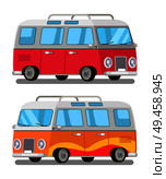 Cute travel bus icons colorful vector illustration, pretty vehicle isolated on white background, comfortable red and orange buses with curved lines. Cute Travel Bus Icons Colorful Vector Illustration. Стоковая иллюстрация, агентство Ingram Publishing / Фотобанк Лори