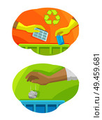 Hands throwing trash away in bin, garbage and recycling sign, paper plastic disposal, set of images vector illustration isolated on white background. Hands Throwing Trash Away Vector Illustration. Стоковая иллюстрация, агентство Ingram Publishing / Фотобанк Лори