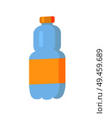Plastic bottle with orange blank label, water beverage product poured in container having cap, transparent item vector illustration isolated on white. Plastic Bottle with Label Vector Illustration. Стоковая иллюстрация, агентство Ingram Publishing / Фотобанк Лори