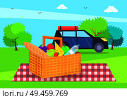 Picnic nature basket full of products, bottle of water, fresh bread, cheese and car, blanket with squared pattern, trees grass vector illustration. Picnic Nature Basket and Car Vector Illustration. Стоковая иллюстрация, агентство Ingram Publishing / Фотобанк Лори