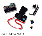 Camera with red lace collection of items used to give more memory, sd cards and wire to charge device vector illustration isolated on white background. Camera with Lace Collection Vector Illustration. Стоковая иллюстрация, агентство Ingram Publishing / Фотобанк Лори