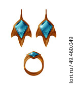 Golden earrings and ring set vector illustration female stylish accessories with blue stones, gold or platinum decoration for ears isolated on white. Golden Earrings and Ring Set Vector Illustration. Стоковая иллюстрация, агентство Ingram Publishing / Фотобанк Лори