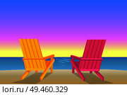 Sunbed on beach pair of chaise-lounges at coastline vector illustration, two wooden recliners, sandy shore near sea or ocean summertime landscape.. Sunbed on Beach Pair of Chaise-Lounges Coastline. Стоковая иллюстрация, агентство Ingram Publishing / Фотобанк Лори