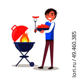 Man grilling sausages in barbecue vector illustration of male near bbq device with sausages in hands vector illustration of mutton or chicken meat in fire. Man Grilling Sausages Barbecue Vector iIllustration. Стоковая иллюстрация, агентство Ingram Publishing / Фотобанк Лори