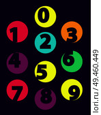 Numbers from 0 till 9, color sample isolated on black. English numeral figures, symbols denoting a numeric, creative digits in flat style design, vector. Numbers From 0 till 9 Color Sample Isolated Black. Стоковая иллюстрация, агентство Ingram Publishing / Фотобанк Лори