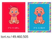 Its a girl and boy set of posters dedicated to baby shower day vector illustration of newborn infants with pacifiers isolated female and male toddlers. It Girl and Boy Set of Posters Dedicated to Baby. Стоковая иллюстрация, агентство Ingram Publishing / Фотобанк Лори