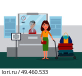Worker sitting by counter in airport, information bureau, table containing info and calm woman standing with cart full of bags, vector illustration. Worker Sitting by Counter Vector Illustration. Стоковая иллюстрация, агентство Ingram Publishing / Фотобанк Лори