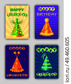 Creative anniversary and bday banners vector illustration headwear with ribbons. Happy birthday postcards with holiday hats, caps templates on posters. Creative Anniversary Bday Banners Vector Hats Caps. Стоковая иллюстрация, агентство Ingram Publishing / Фотобанк Лори